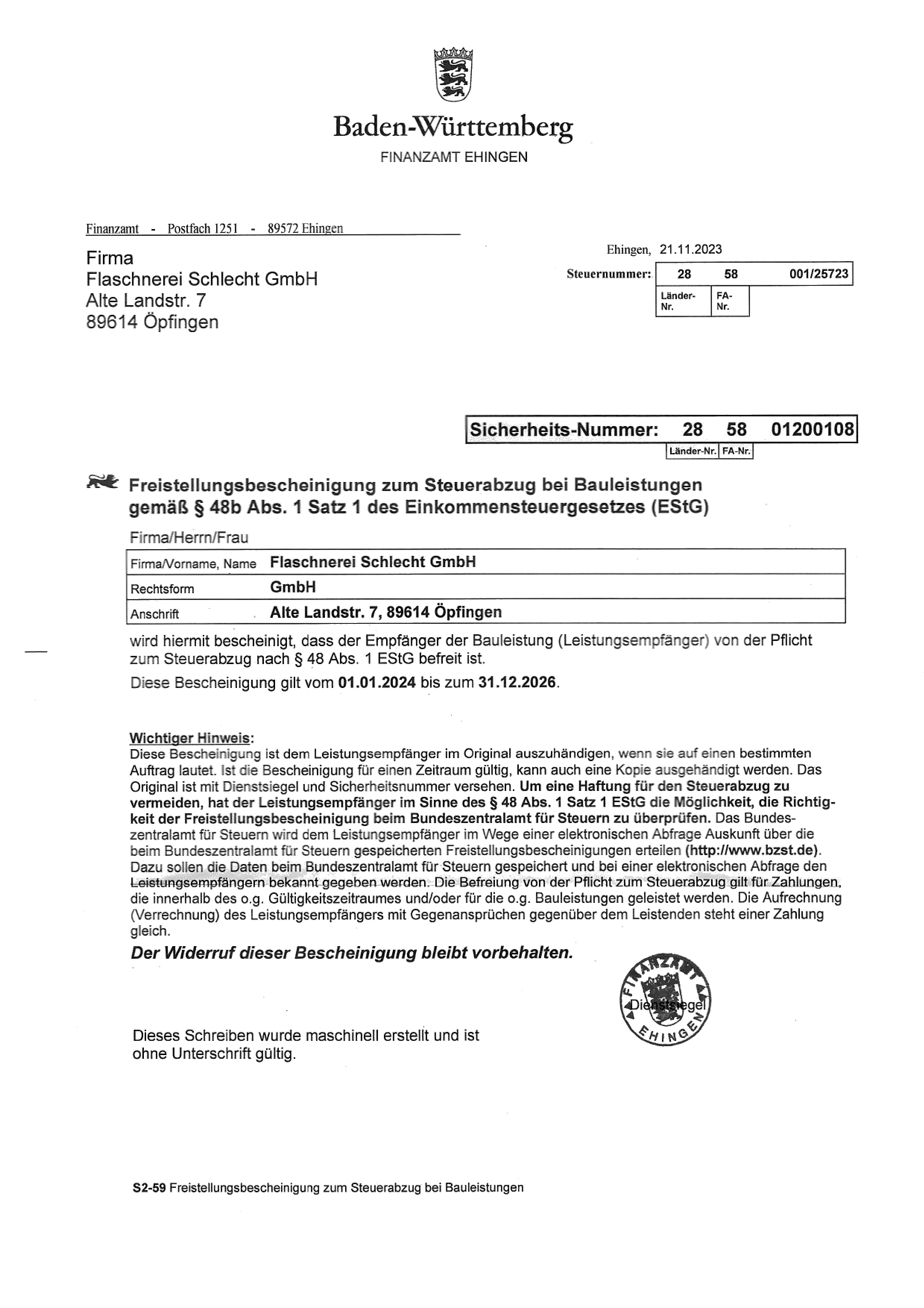 Freistellungsbescheinigung 01.01.2024 - 31.12.2026